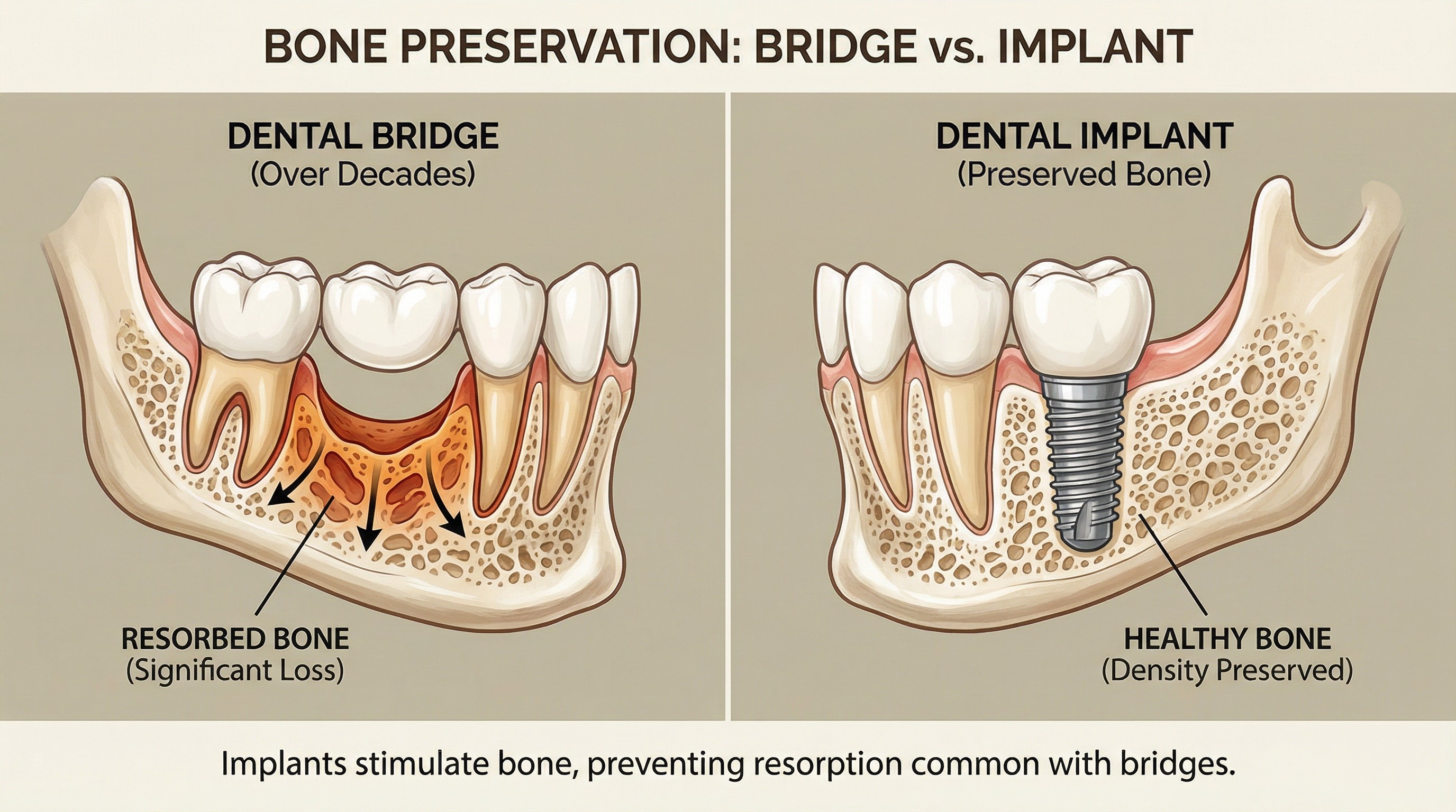 Medical illustration comparing bone loss under dental bridge versus bone preservation with dental implant over time