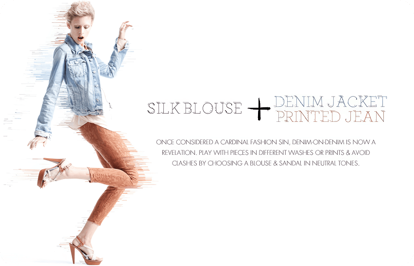 Neiman Marcus fashion editorial featuring model in denim jacket and printed jeans with silk blouse styling tips