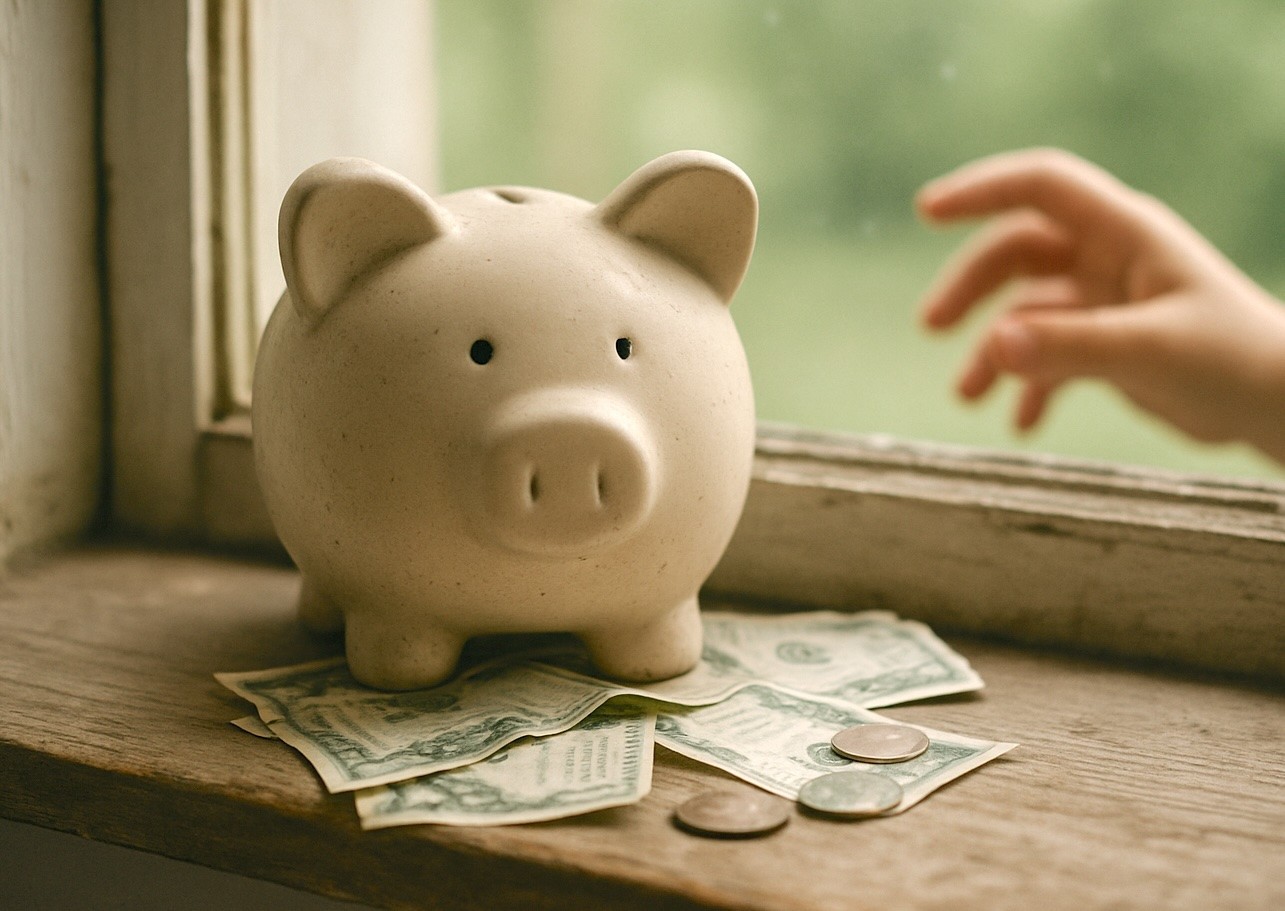 How to teach your kids about money—child reaching for a piggy bank surrounded by cash and coins on a windowsill, symbolizing saving habits and financial responsibility.