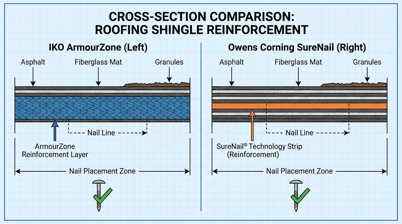 Cross-section diagram comparing IKO ArmourZone nail reinforcement technology to Owens Corning SureNail strip technology