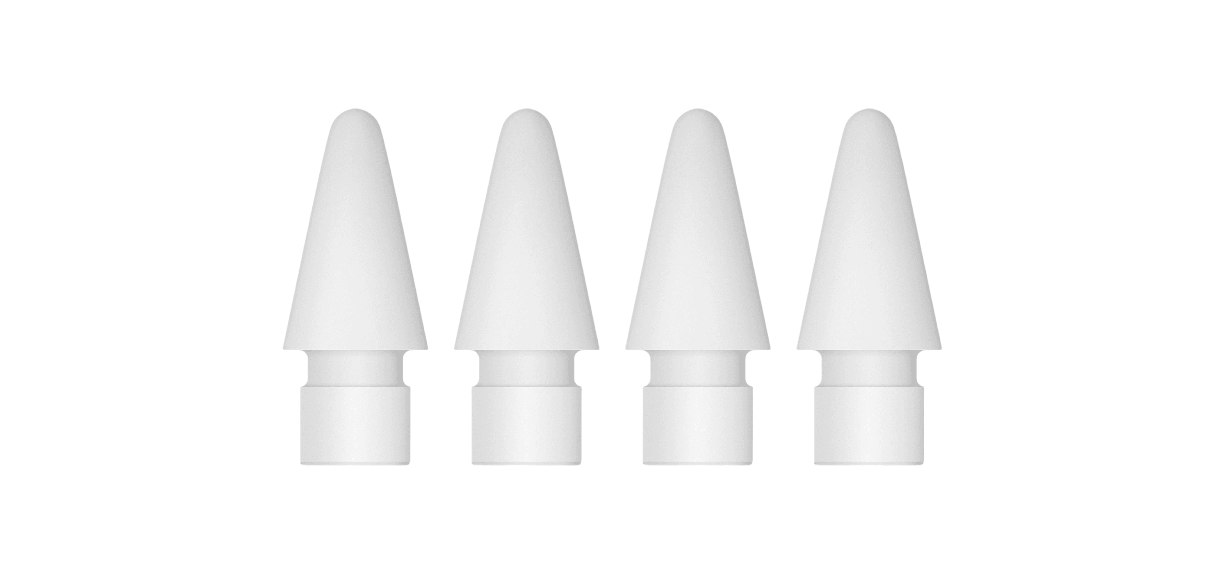 Set of four Apple Pencil replacement tips for a digital stylus or pen arranged in a row.
