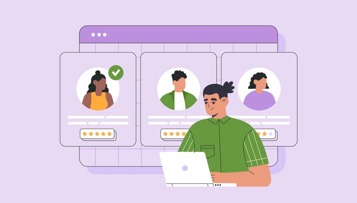 Illustration of a recruiter evaluating candidate profiles on a digital dashboard.