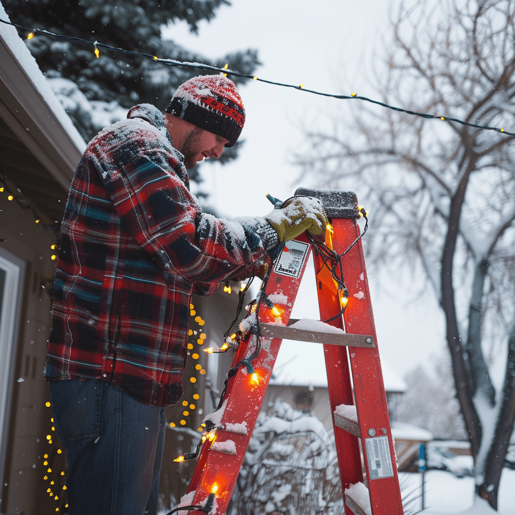 Professional light installation during Utah winter