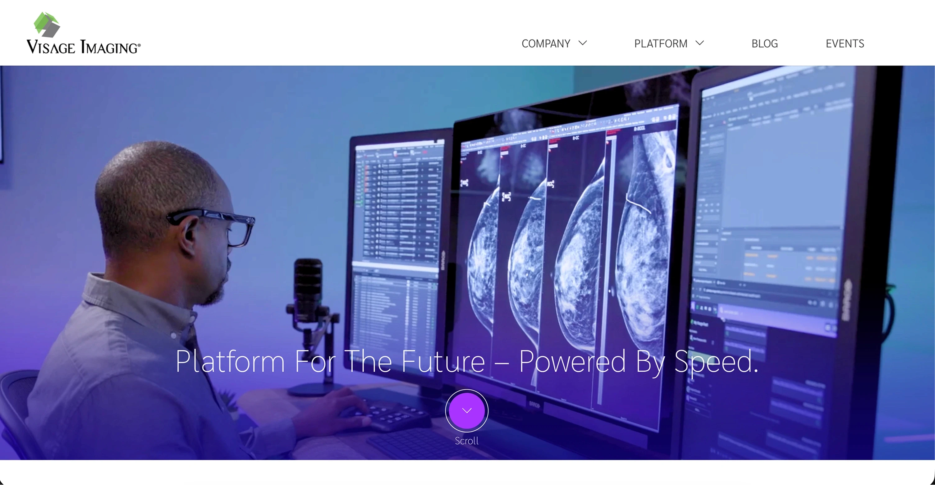 Visage Imaging website showing a radiologist reviewing mammography scans on the Visage 7 enterprise imaging platform