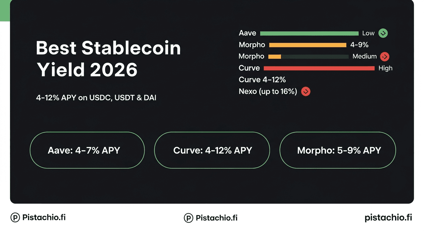 Comparison table showing stablecoin yield rates across Aave, Morpho, Curve, and Pendle for 2026 with risk grades