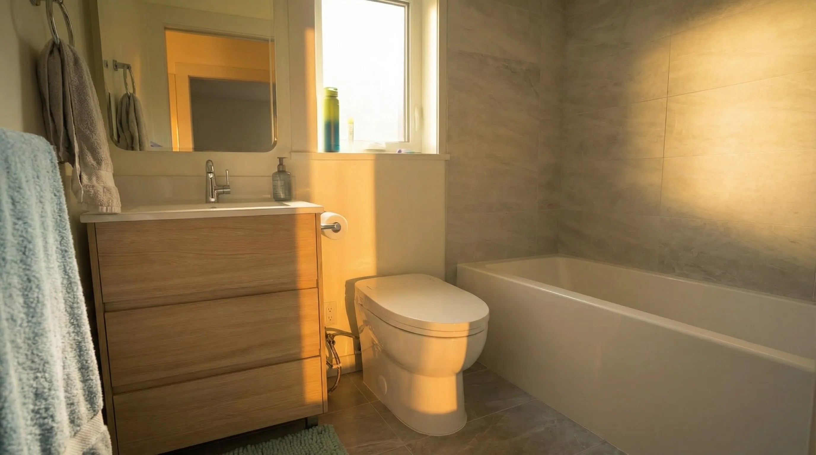 Modern full bathroom in Vancouver Custom Homes West 68th laneway home with soaker tub, large-format tile surround, natural window light, and wood-toned vanity
