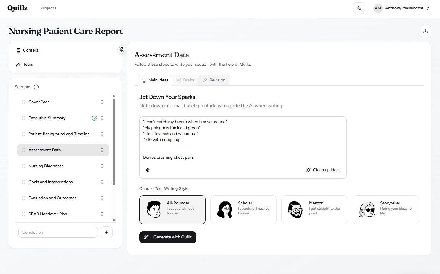 Quillz AI writing assistant — section-by-section assignment writing for students