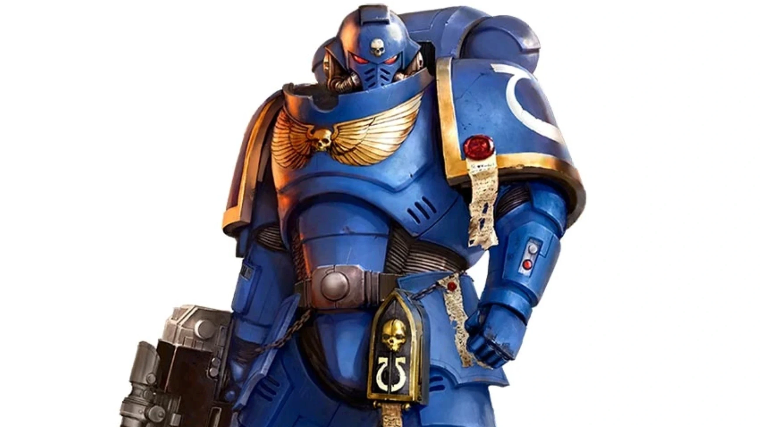 A futuristic armoured soldier in blue power armour, adorned with gold details and winged emblems, holding a large weapon, stands ready for battle.