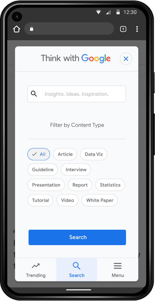 Mobile screen display of the Think with Google home page