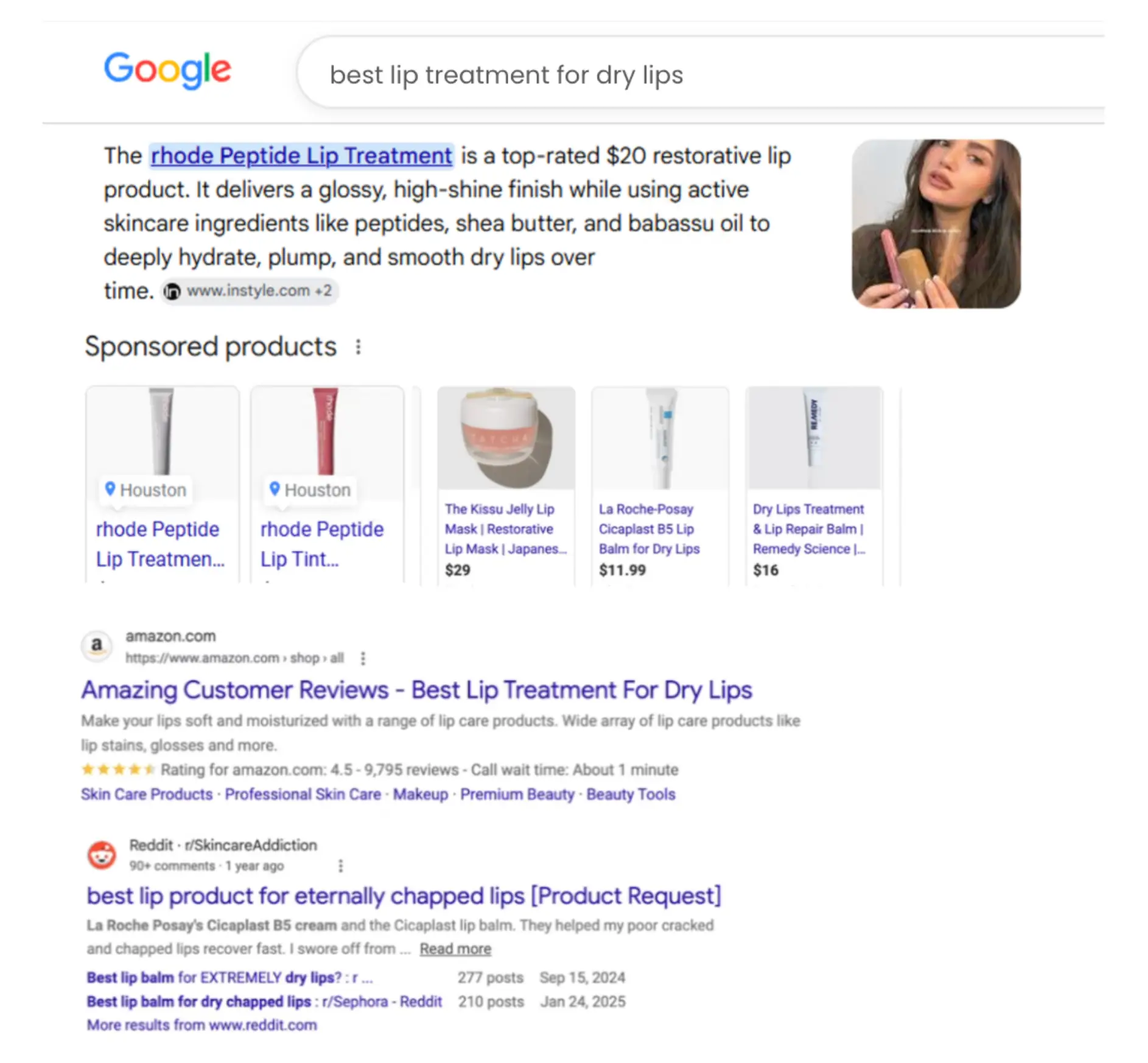 Google search results for the best lip treatment for dry lips featuring Rhode Peptide Lip Treatment.