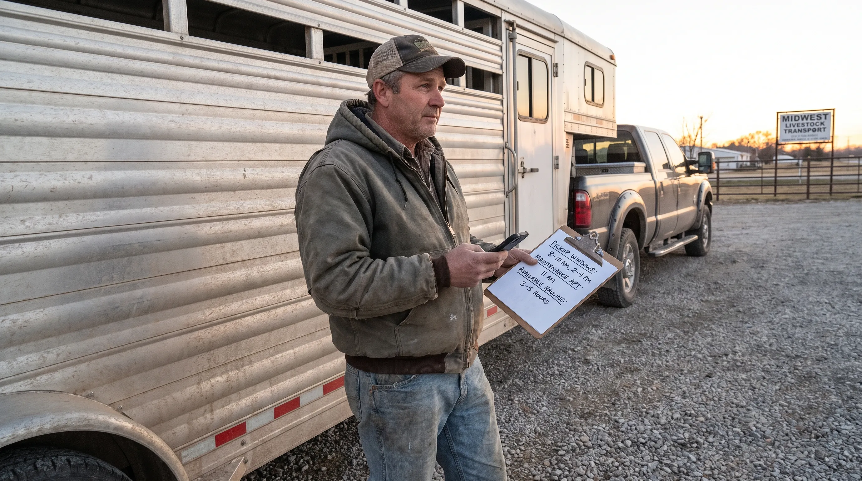 A hauler checks a paper schedule beside a parked stock trailer, comparing pickup windows with a maintenance appointment and available hauling time.