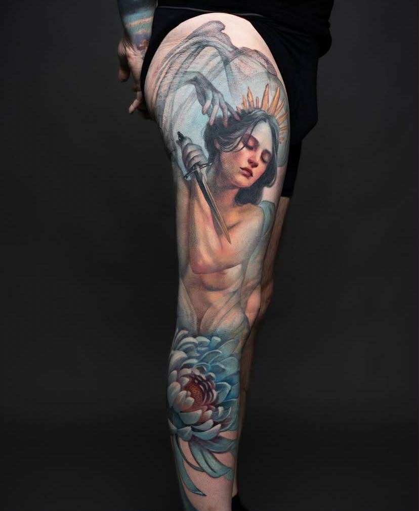 Surreal back tattoo of running man with abstract elements.