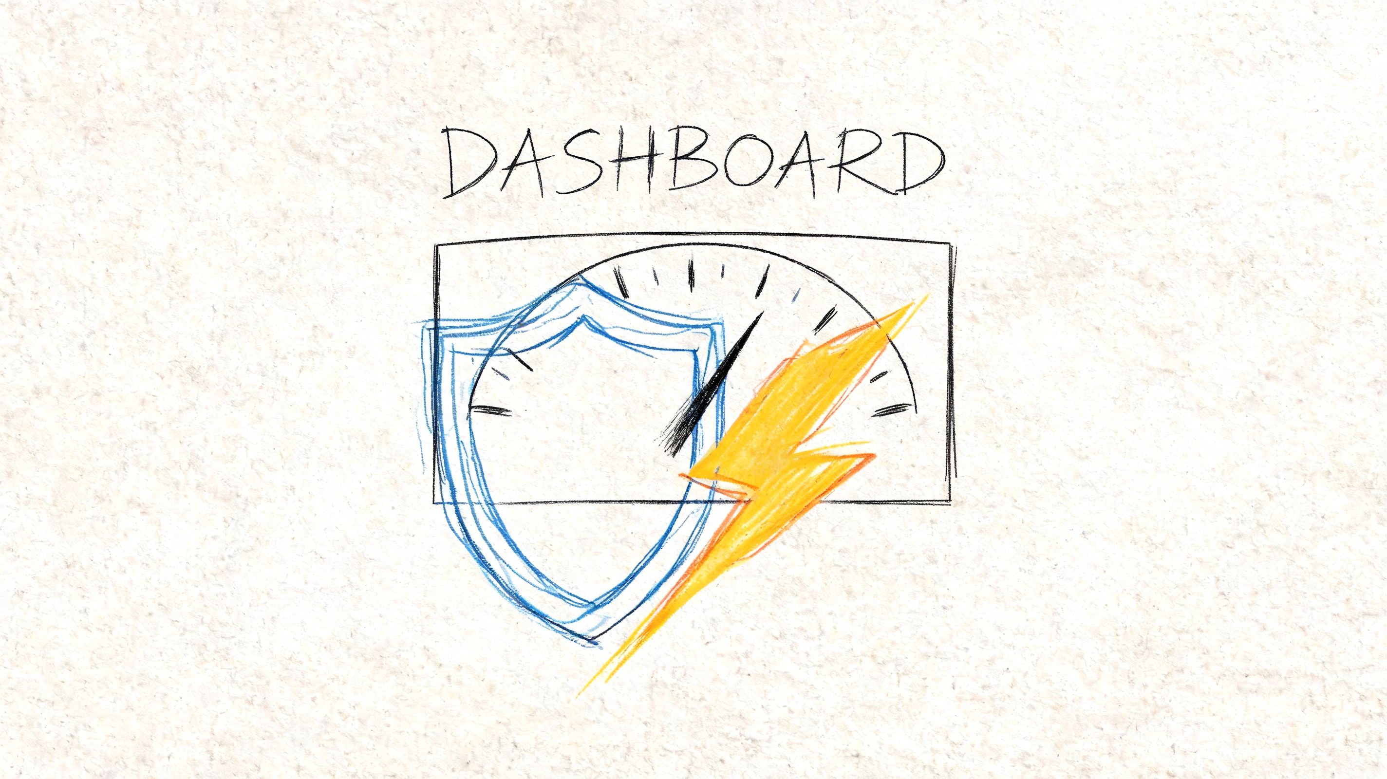 A hand-drawn sketch featuring a dashboard gauge combined with a protective shield and a lightning bolt icon.