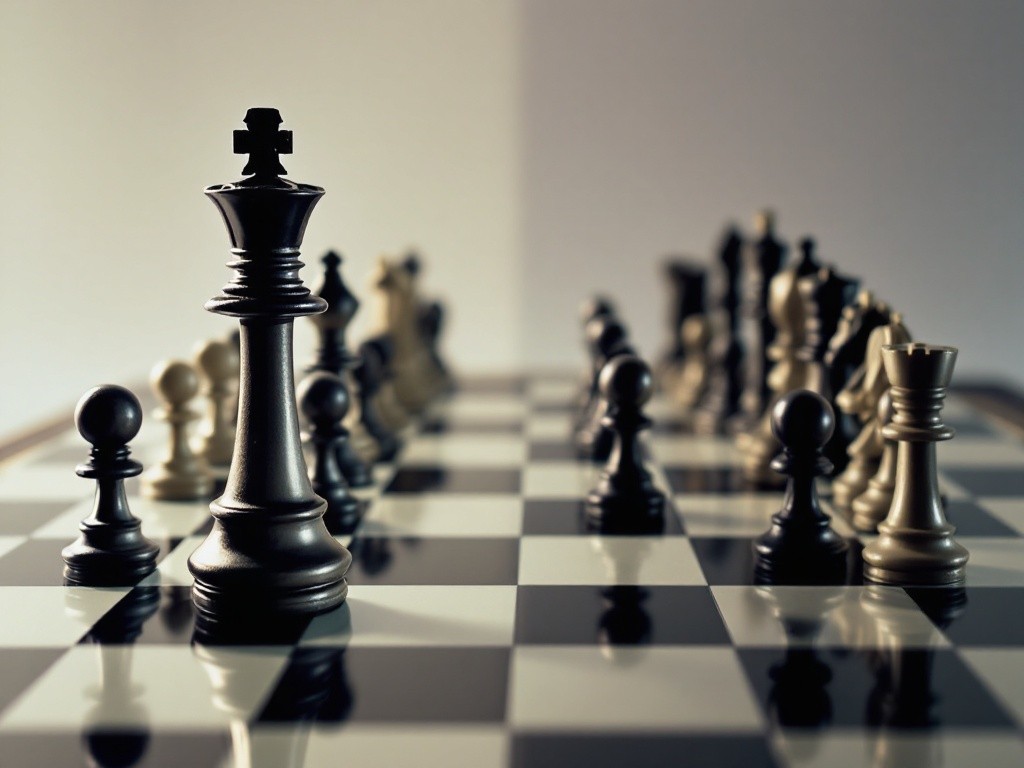 A black chess king stands tall on a chessboard, surrounded by other chess pieces.