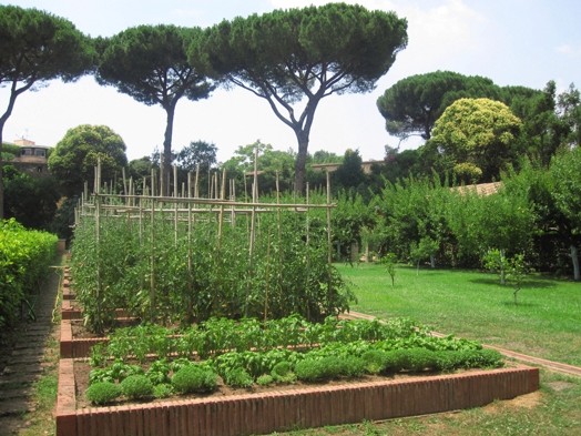 A photo of a green garden with trees.