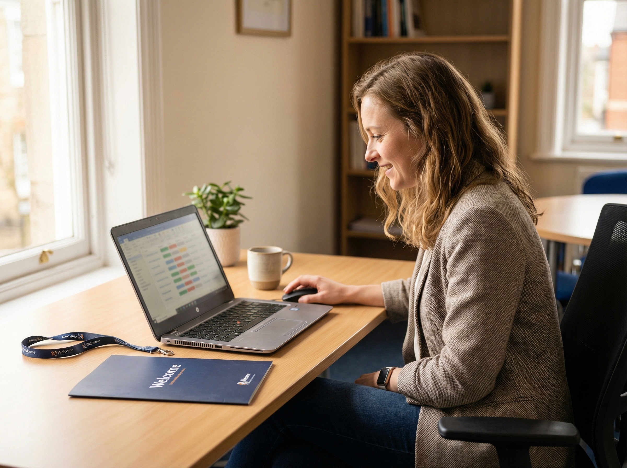 A newly appointed WHS coordinator in her early 30s sitting at a desk in a small, bright office within a professional services firm, setting up her workspace on her first week. Her laptop is open and she is scrolling through a structured list on screen — rows with category labels and status indicators, visible in shape but not legible. Her expression is one of grounded relief — the look of someone who expected to start from scratch and discovered a comprehensive foundation already waiting.