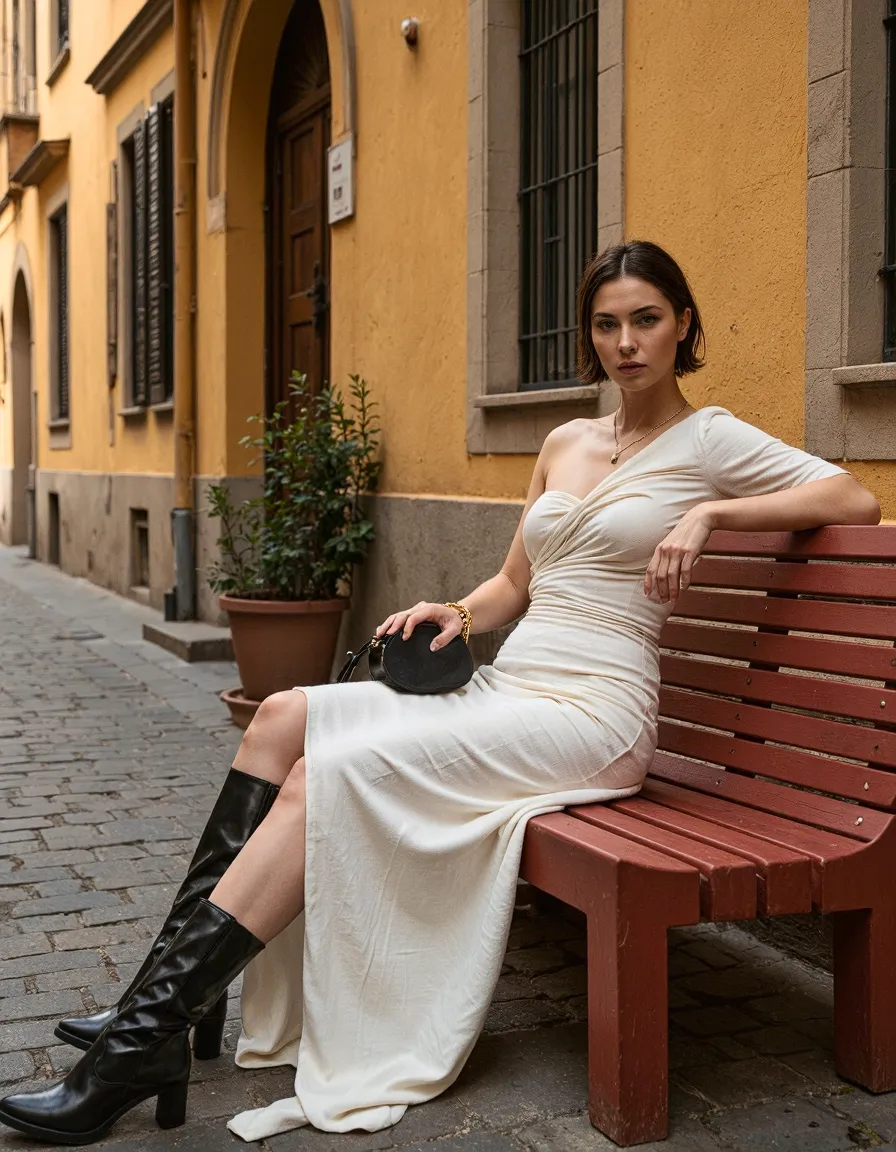Woman in elegant white dress and black boots sitting on red bench in charming European city street