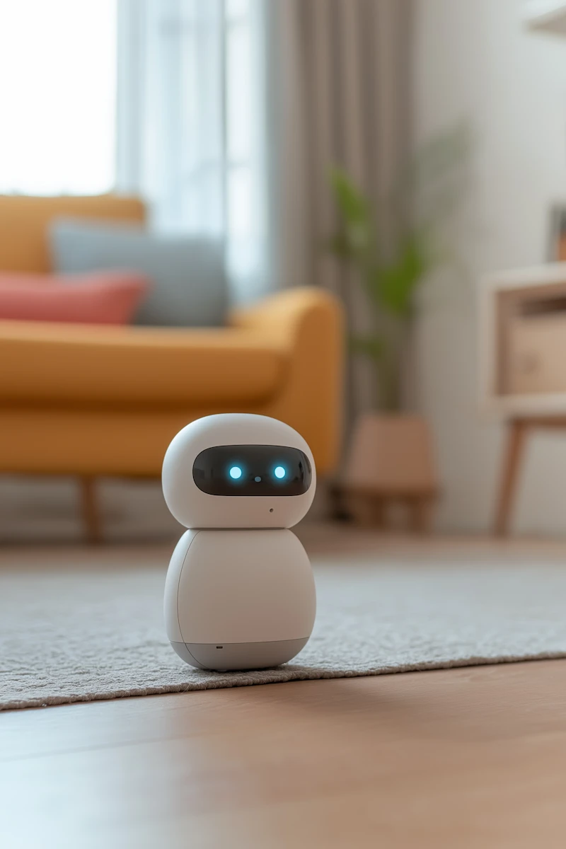 Small white smart home companion robot with glowing blue eyes sitting on a living room rug.
