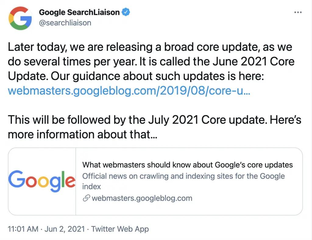 Twitter post about the June 2021 Google Core Update