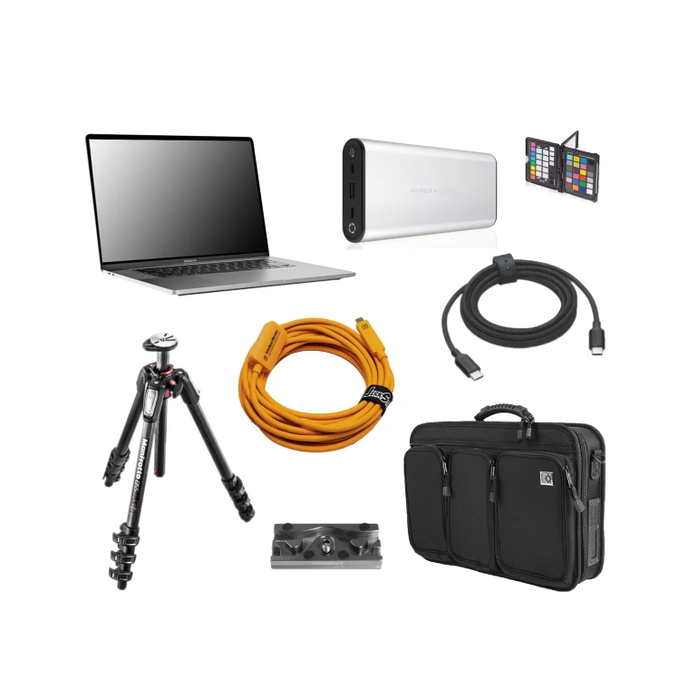 Image containing all the equipment included in the Photo Beauty D2 Pack: a Profoto D2 1000j HSS generator, a 70cm Beauty Bowl (White or Silver) or a Profoto Octa 5' 150cm, a Profoto AirSync, two Manfrotto autopoles (background support), a pair of Manfrotto mid-axes (background unwinder), a Manfrotto light stand.
