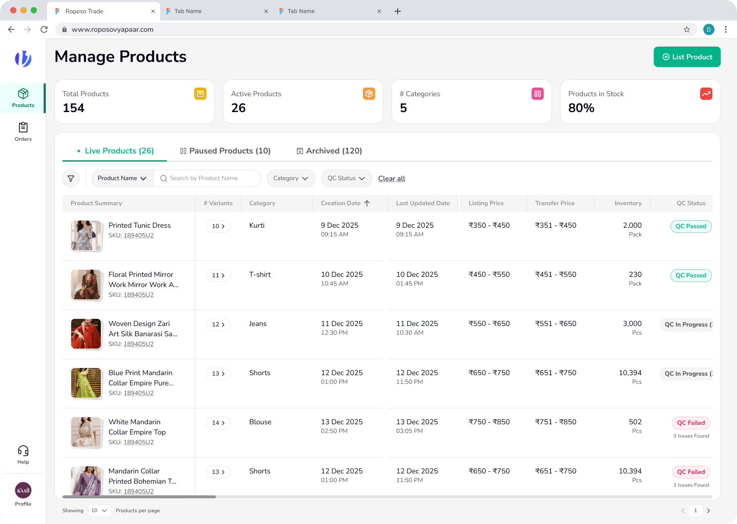 Full catalogue visibility — live, paused, and archived products with inventory and QC status in one view.