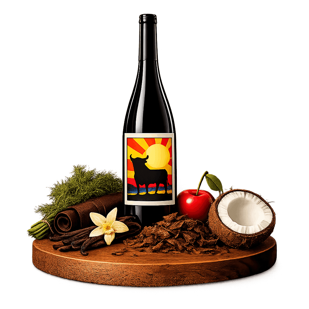 Artistic label and flavor profile for Spanish Rioja Red on a rustic wooden table.