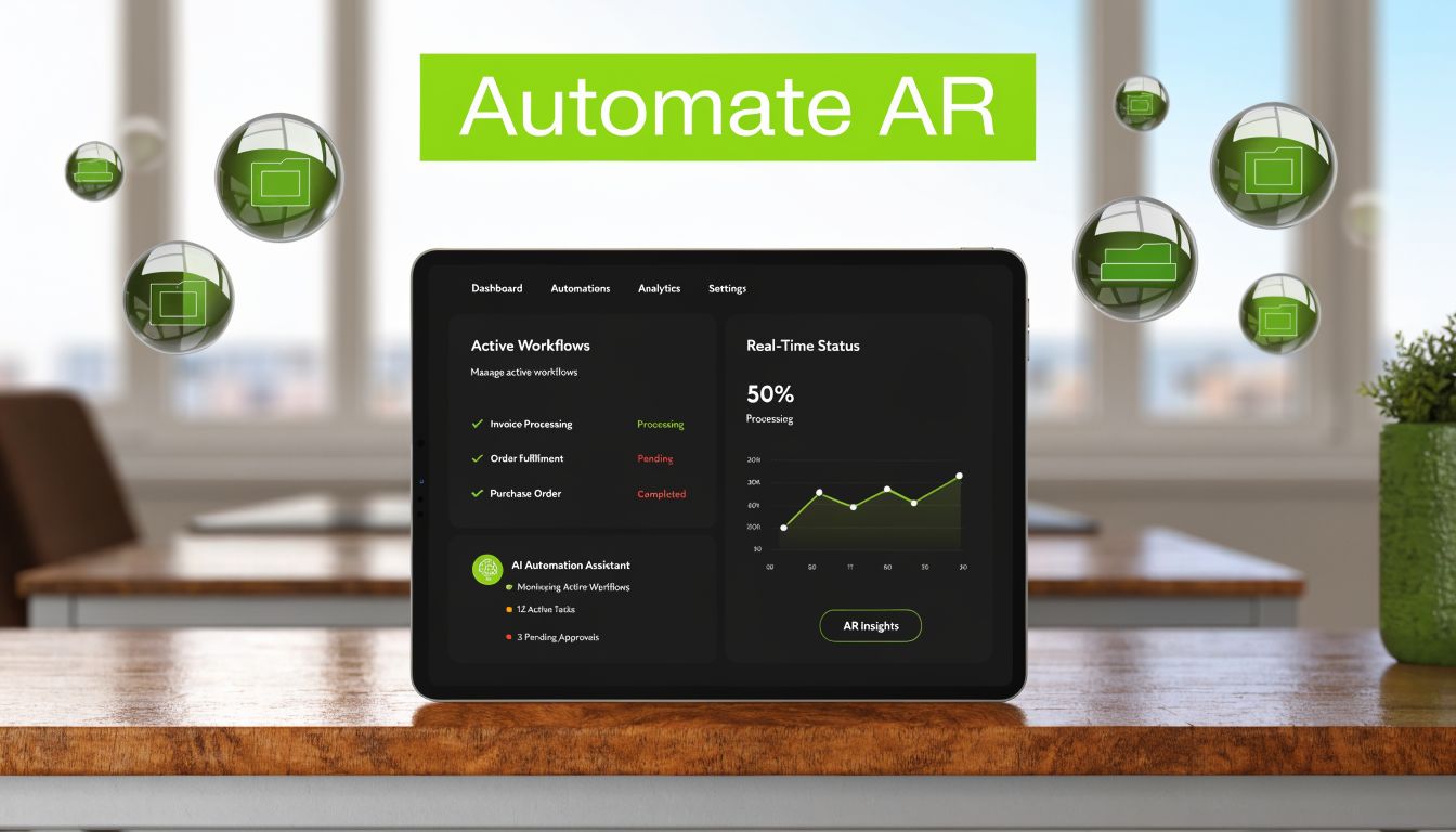 A digital tablet displaying an automated accounts receivable dashboard with workflow status and analytics on a desk.