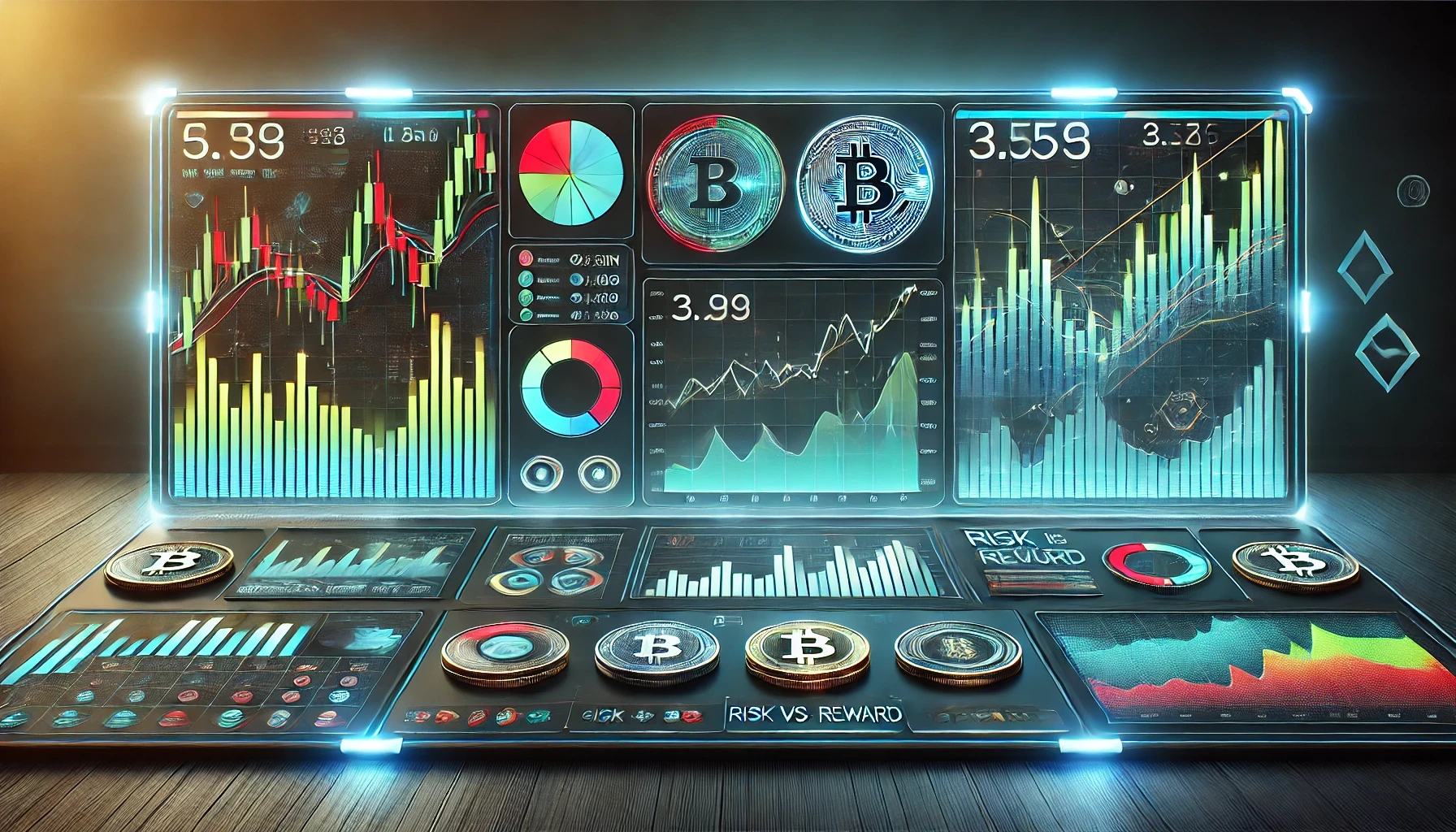 Crypto-themed image featuring charts, digital coins, and market trends, representing cryptocurrency trading and blockchain technology.