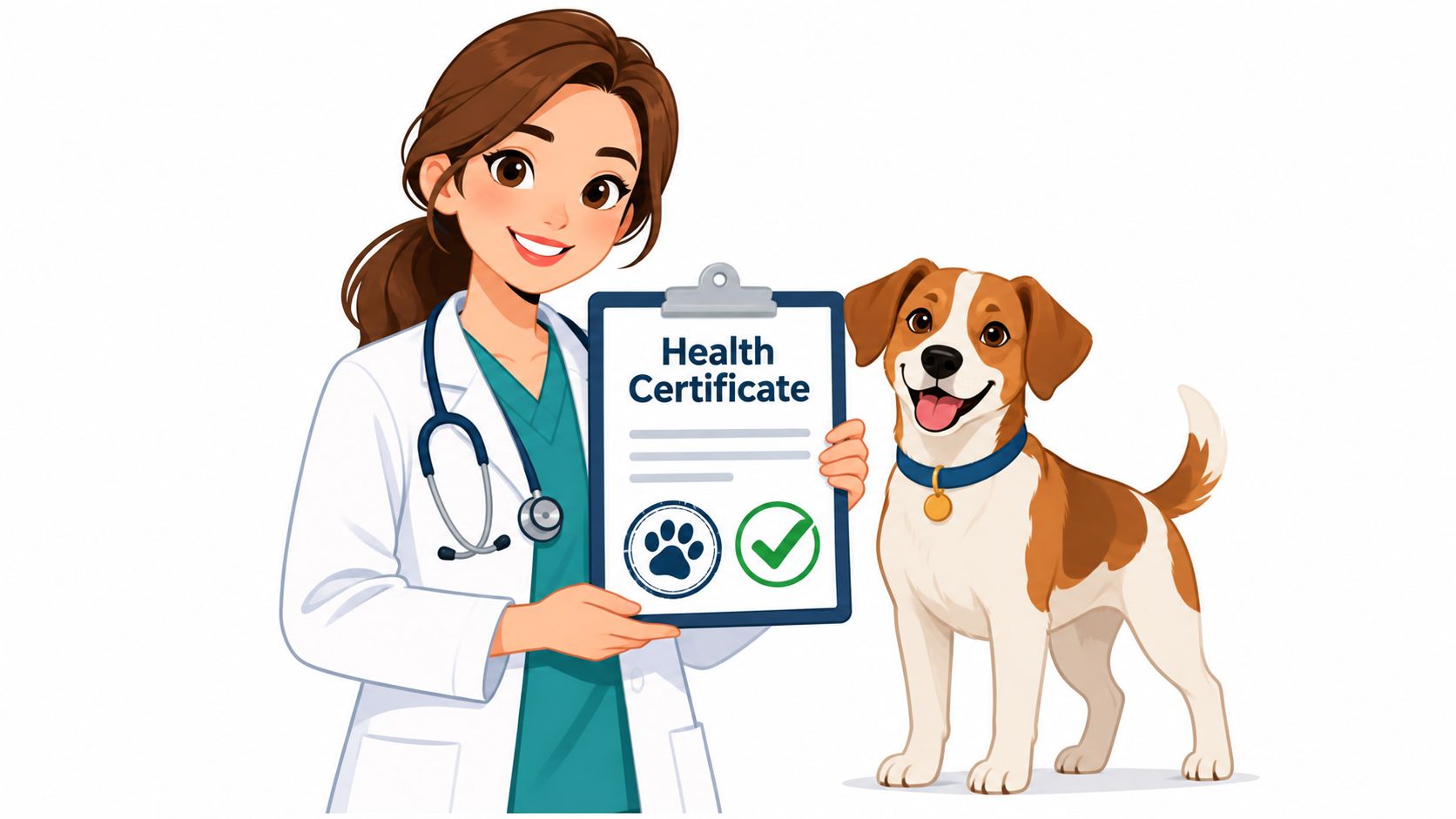 A friendly female veterinarian in a white lab coat holding a health certificate clipboard next to a dog.