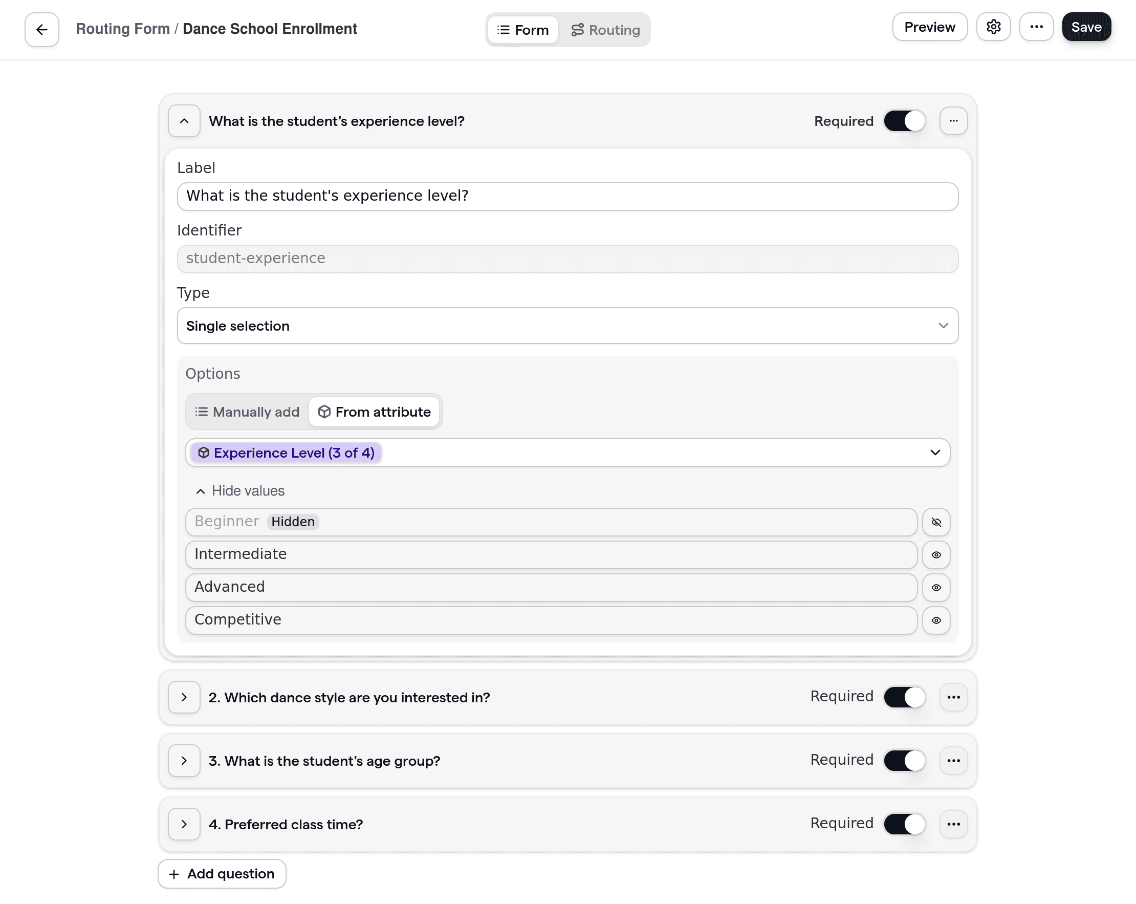 Cal.com routing form for dance schools, showing intake questions for dance style, age group, and experience level.