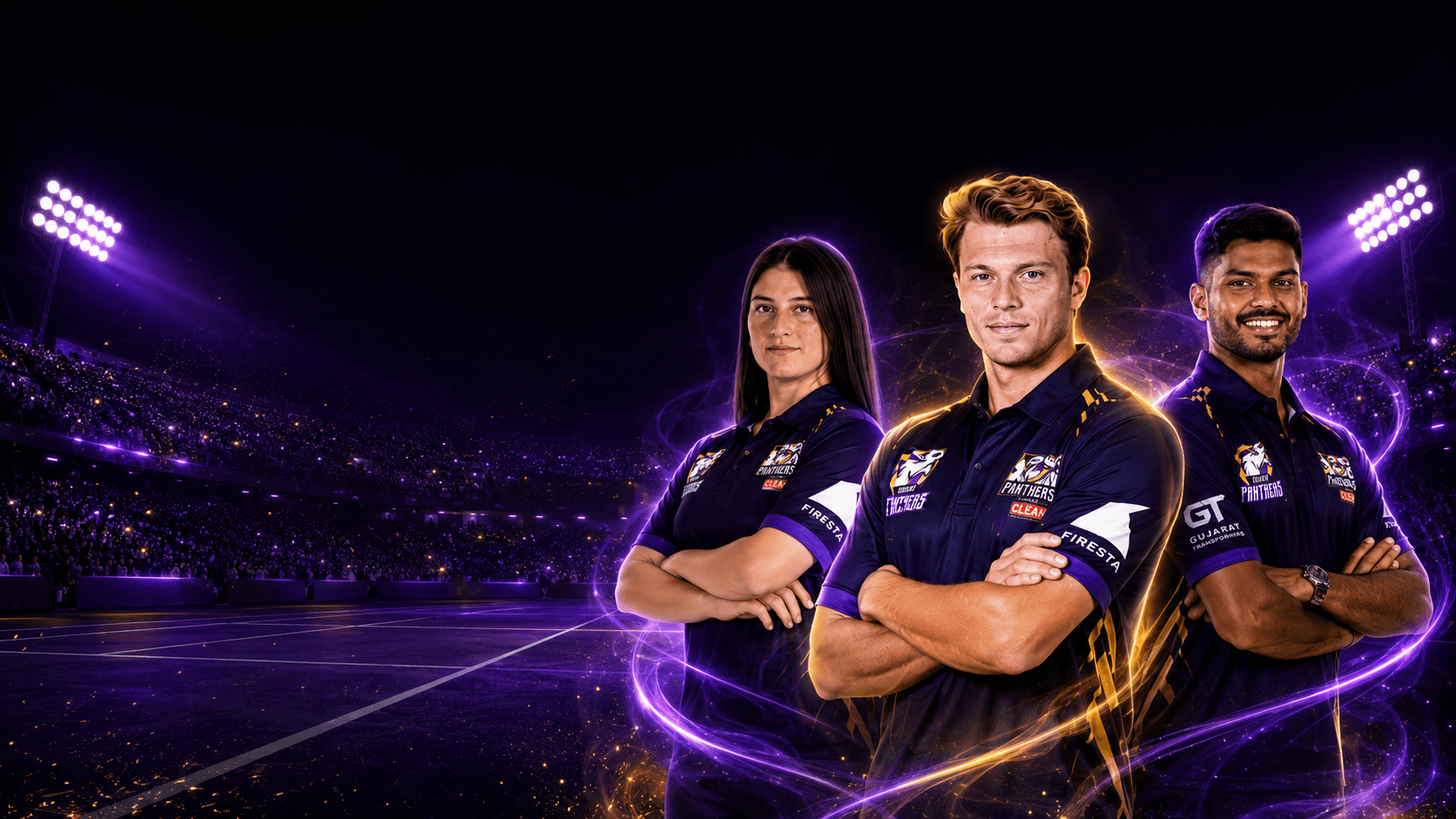 Gujarat Panthers players in team kit standing on a floodlit tennis court