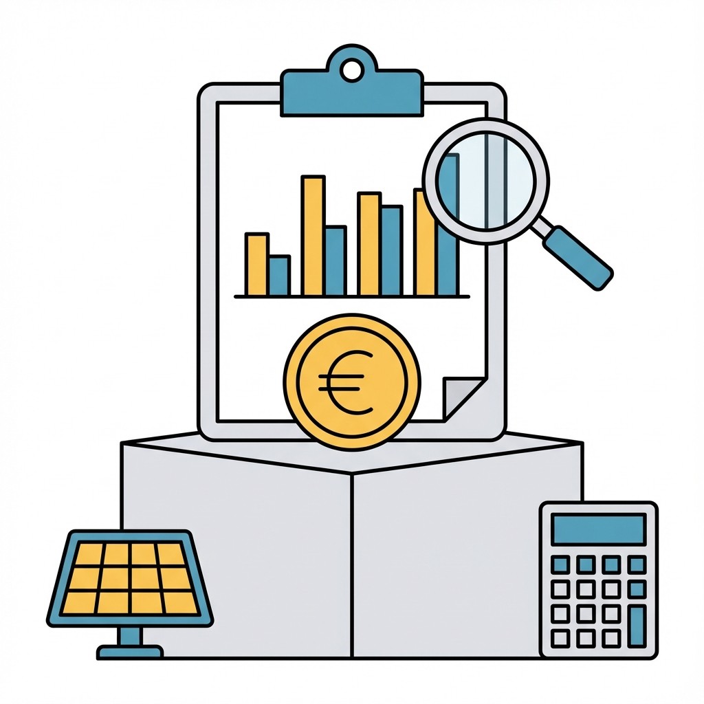 Illustration zur Solar-Wirtschaftlichkeit: Klemmbrett mit Diagramm, Euro-Münze, Solarpanel und Taschenrechner für Finanzanalysen.