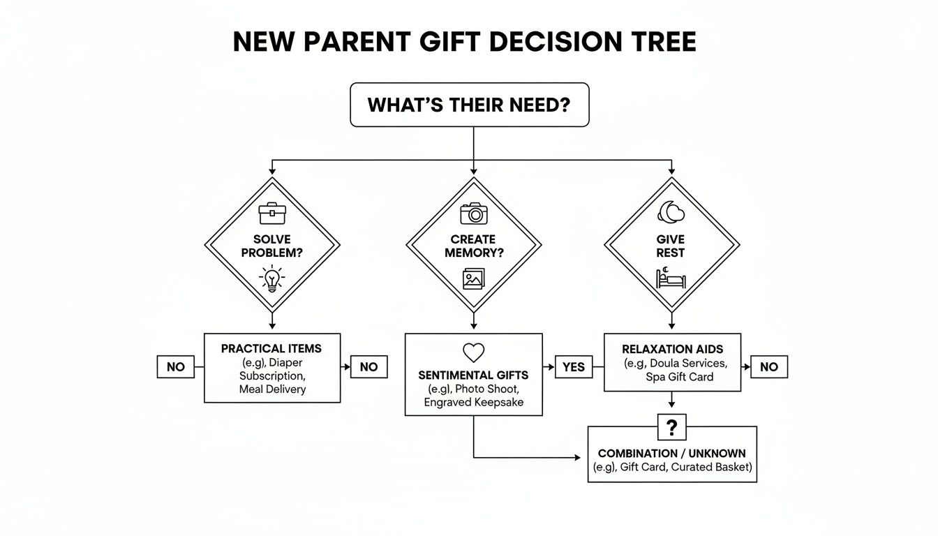 A new parent gift decision tree flowchart helps select gifts based on solving problems, creating memories, or giving rest.