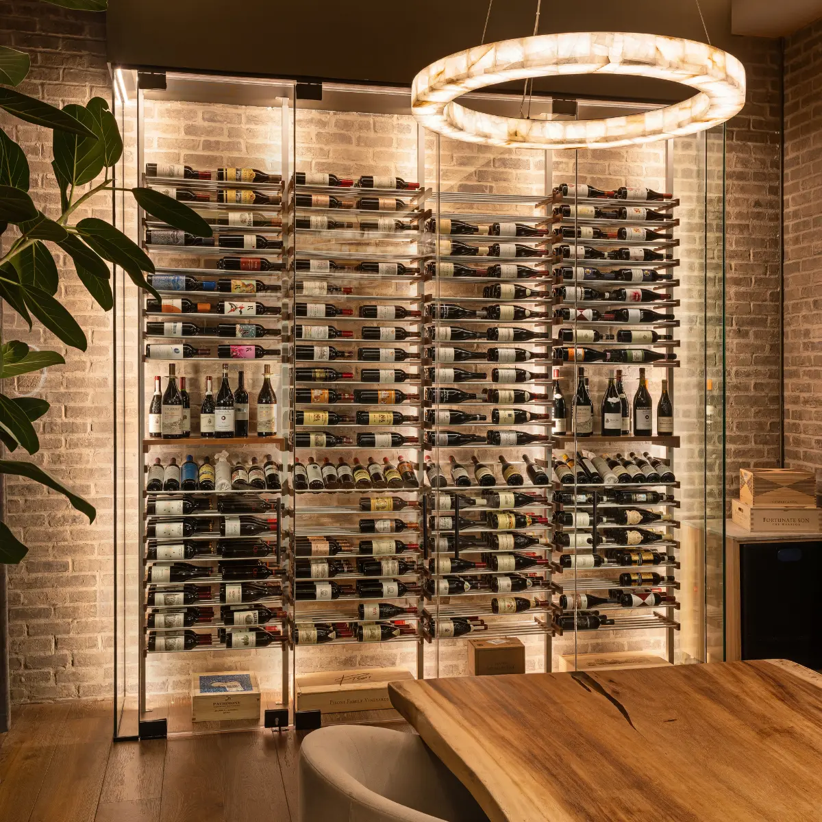 glass-front commercial wine cellar in a luxury restaurant