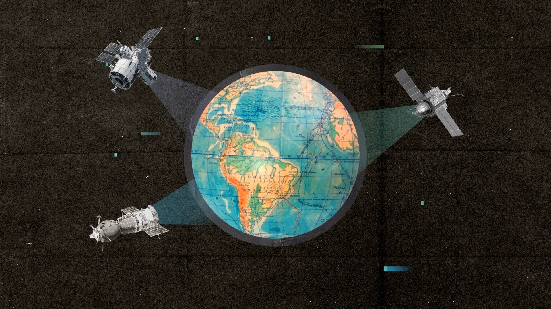 A mixed media animation showing satellites used to collect environmental data about the planet Earth