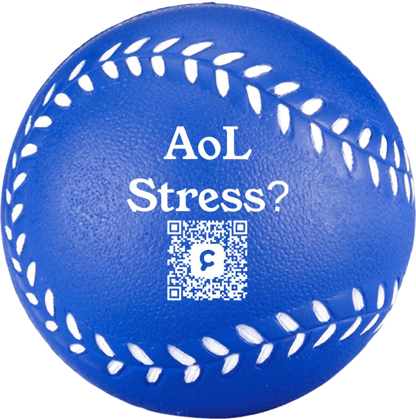 Blue baseball with white stitching featuring the text “AoL Stress?” and a QR code printed in the center.