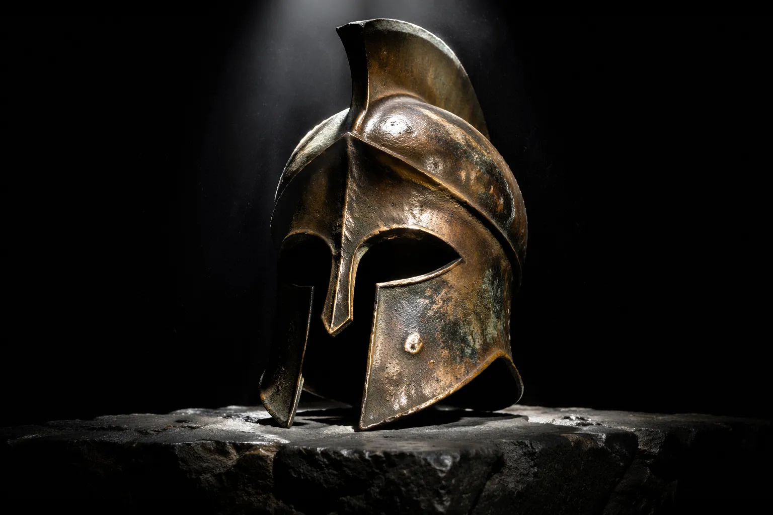 a single ancient Greek hoplite bronze helmet resting on dark stone, illuminated by a single sharp beam of dramatic light from above