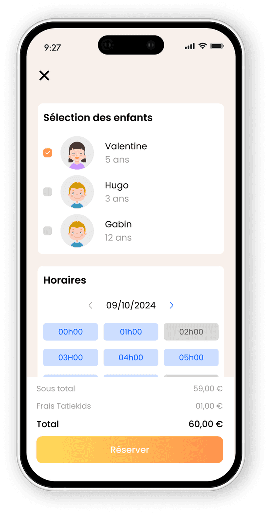 écran de téléhpone de l'application tatiekids qui illustre une réservation simplifiée et sécurisée
