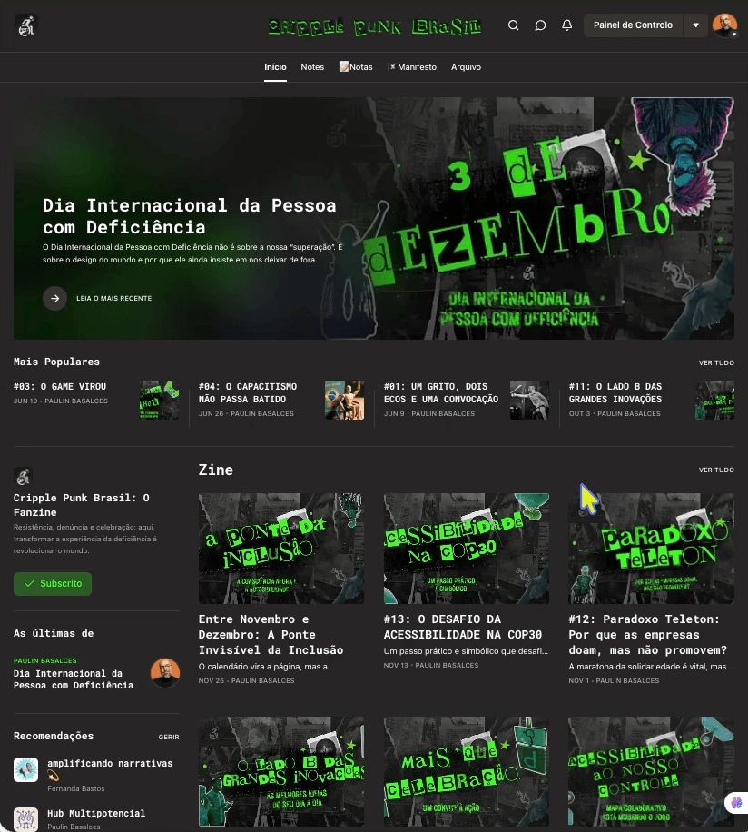 Imagem em preto de toda a plataforma com as capas de publicações em verde e branco