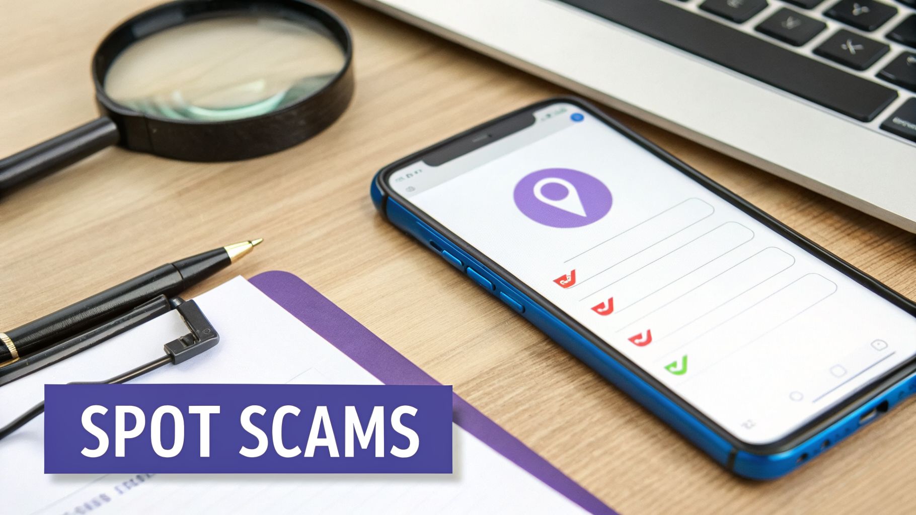 A smartphone displaying a location pin icon and checklists, next to a magnifying glass and laptop, with 'SPOT SCAMS' text.