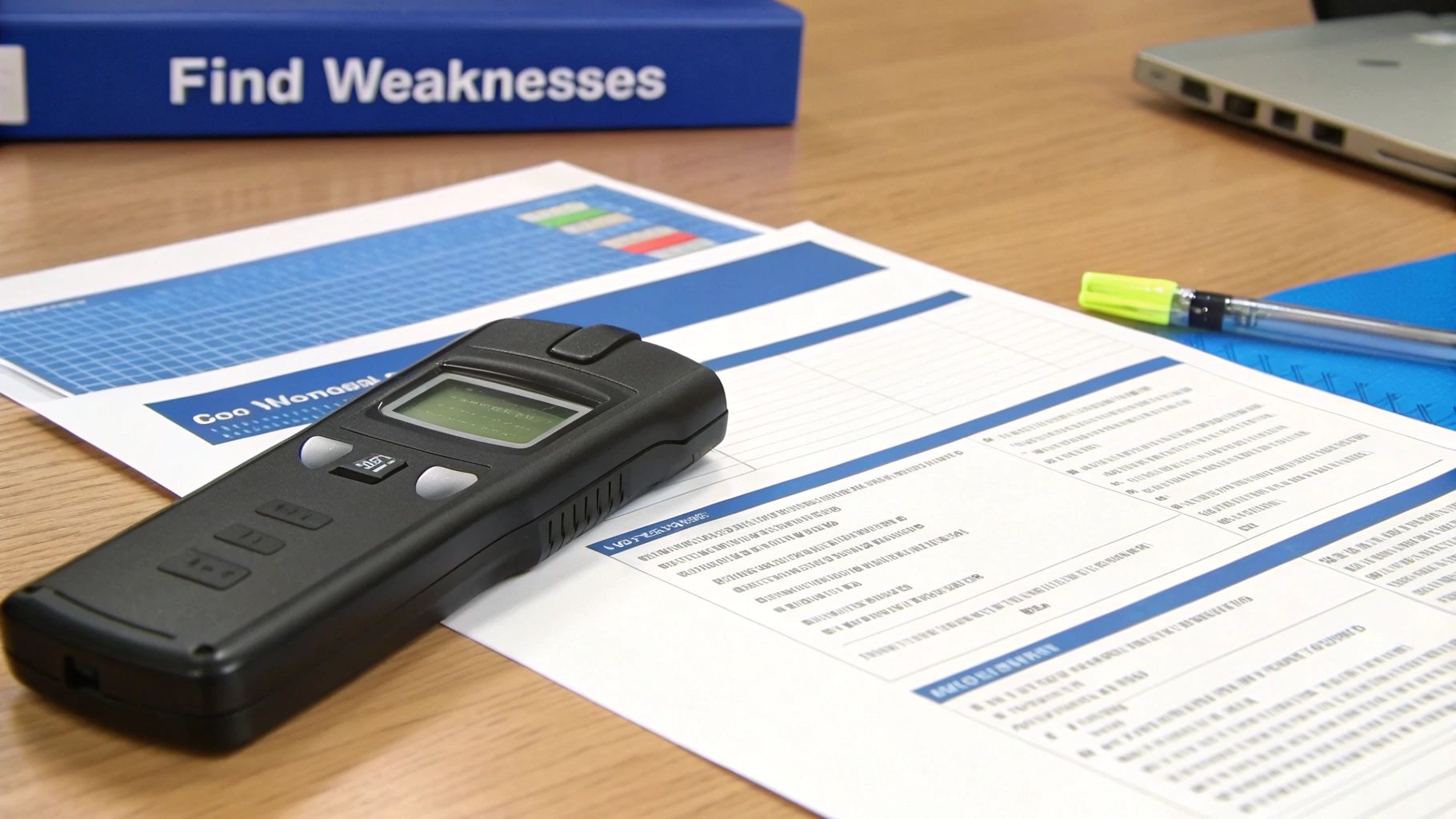 A black handheld electronic device rests on documents with a pen and a 'Find Weaknesses' binder on a wooden desk.