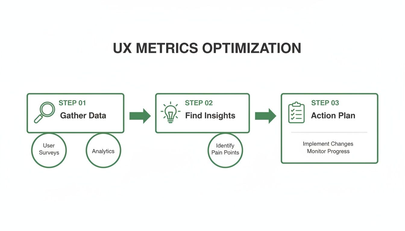 Flowchart illustrating the three-step UX metrics optimization process: Gather Data, Find Insights, Action Plan.