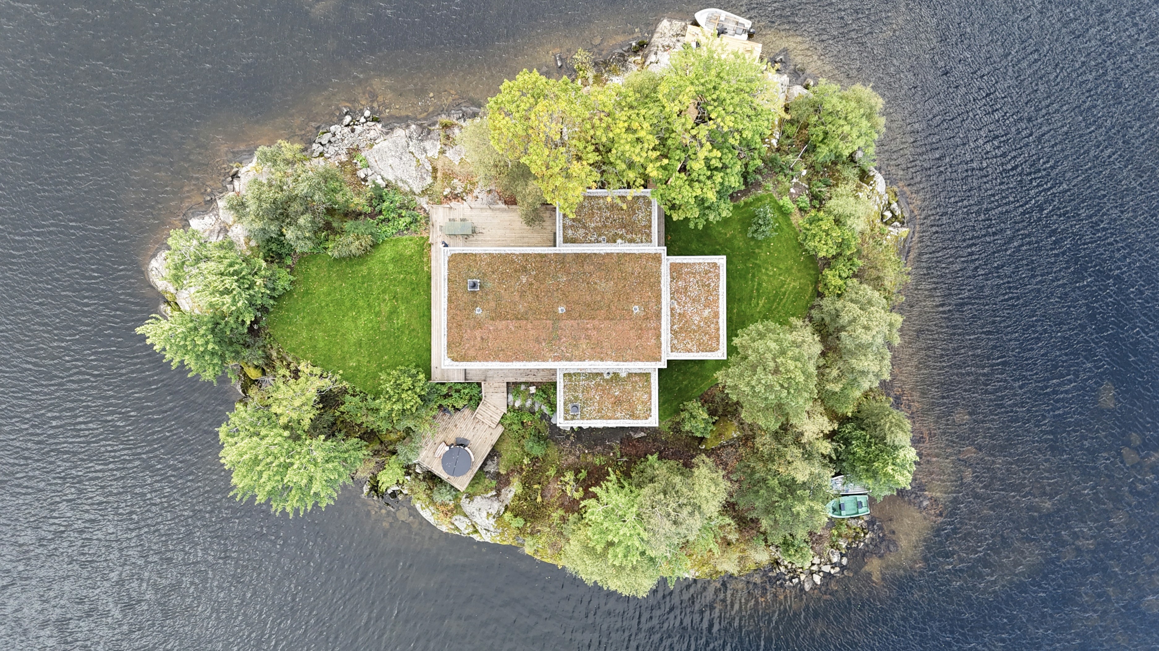 Aerial shot of island at Lutsi Lakehouse near Stavanger, Norway.