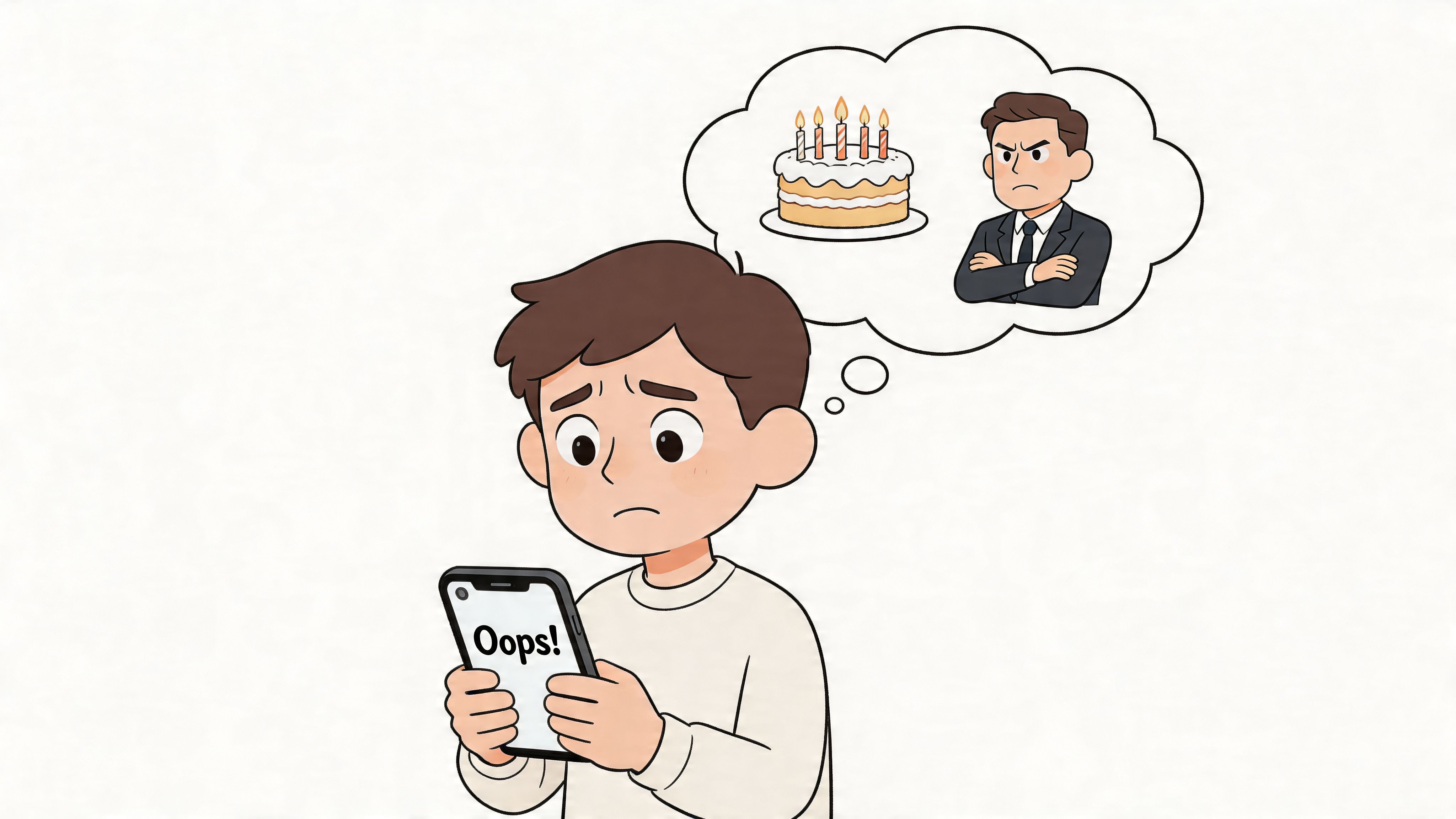 A concerned young person looking at their smartphone displaying an error message about a missed birthday event.