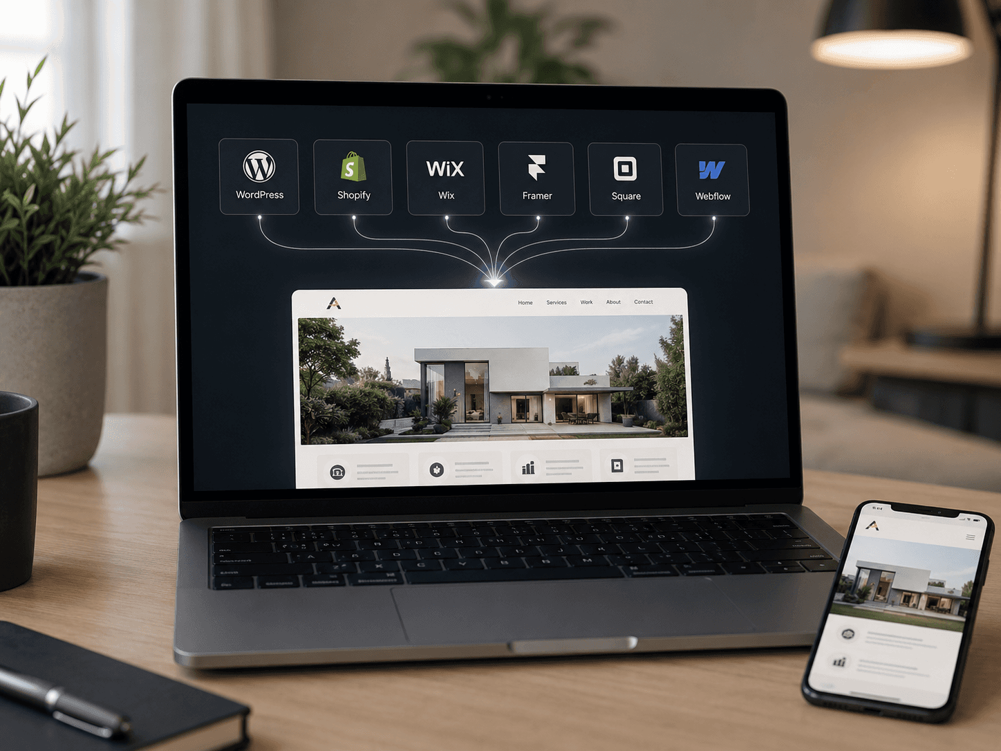 Laptop showing website platform rebuild options including WordPress, Shopify, Wix, Framer, Square, and Webflow flowing into a clean modern website