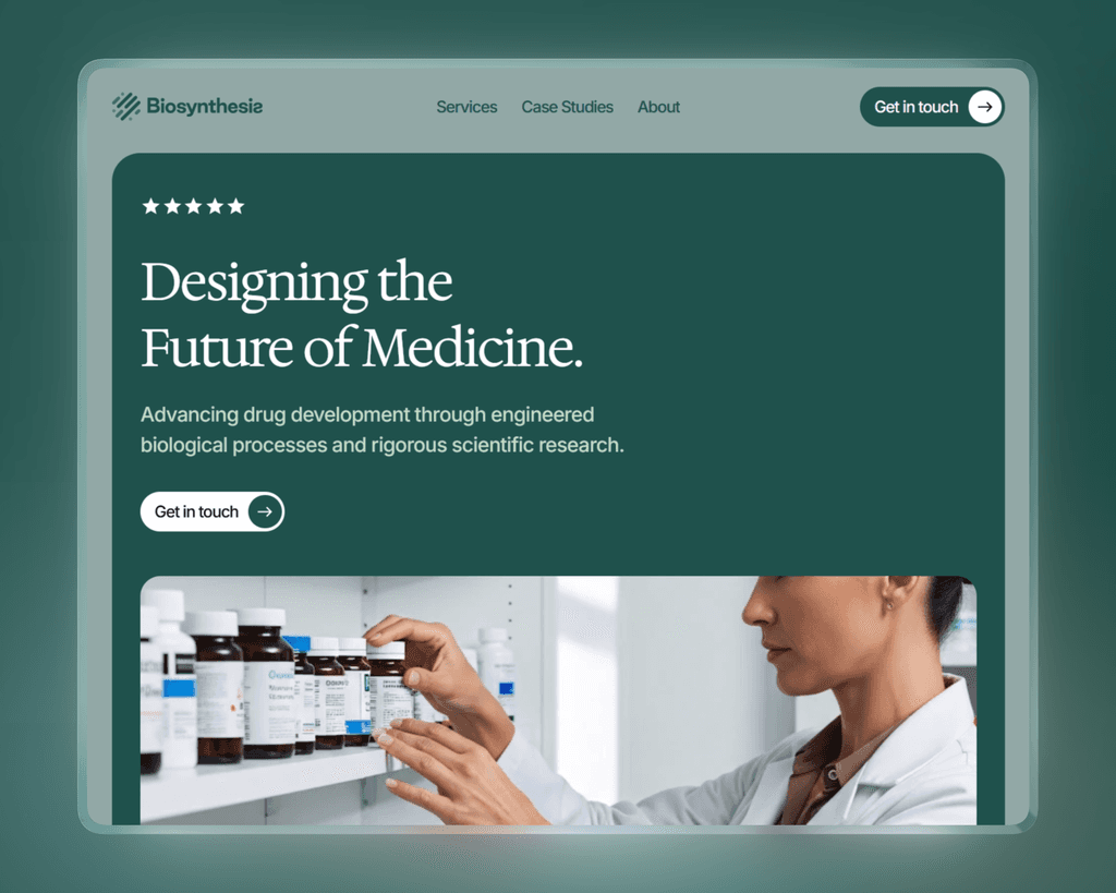 Homepage design with green and white tones showing a medical professional organizing medication.