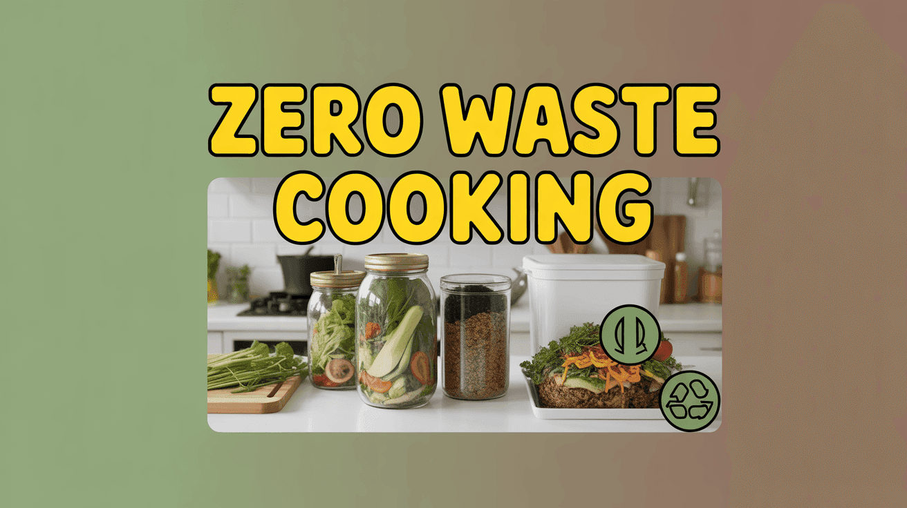 Zero Waste Kitchen Thumbnail Template featuring kitchen counter with jars of veggie scraps, compost bin, and repurposed meal with sustainability icons