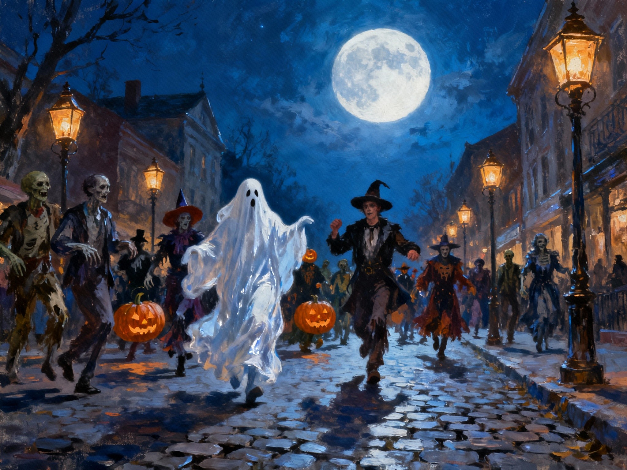 An expansive depicting a whimsical Halloween street parade under the full moon, featuring diverse