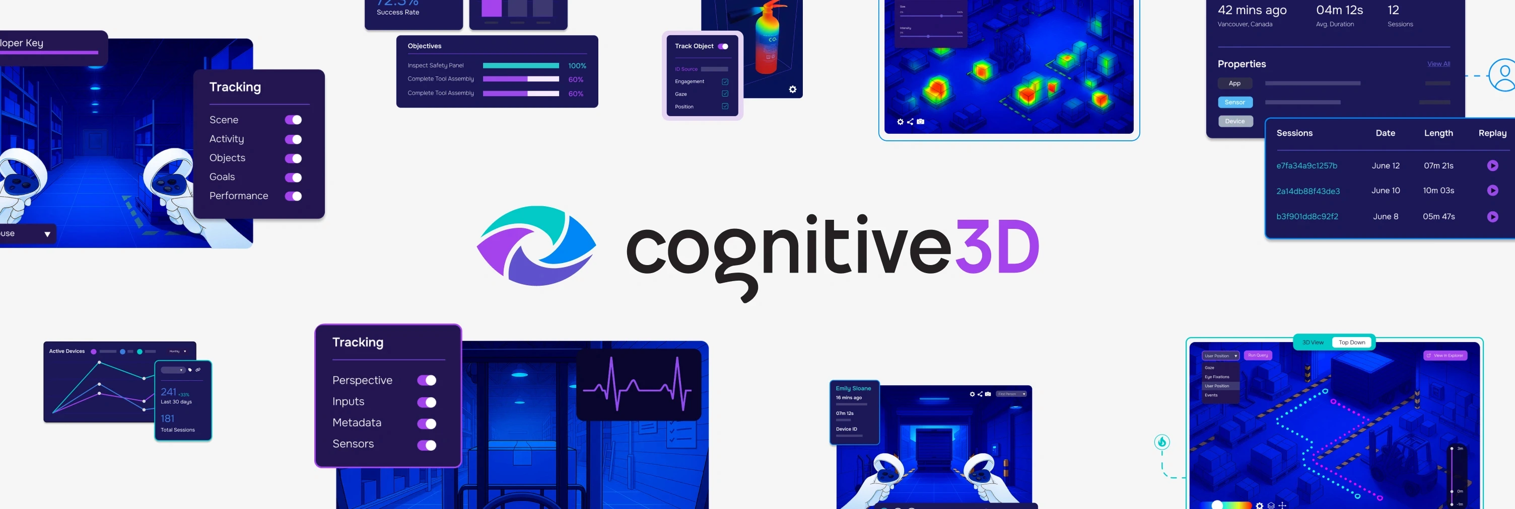 Cognitive3D logo alongside VR analytics dashboards showing gaze heatmaps, session tracking, and training performance metrics