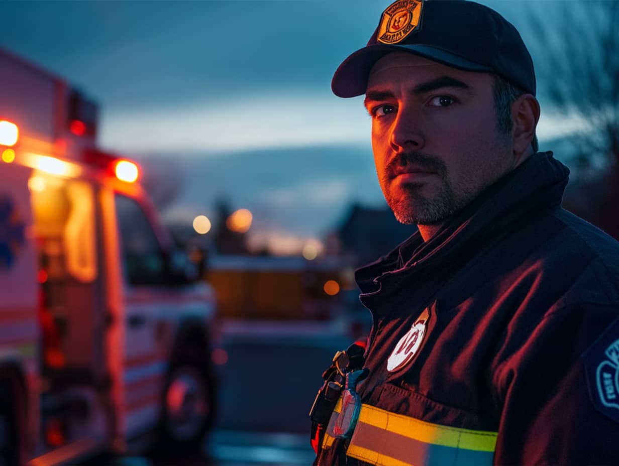 A firefighter in uniform stands in front of an ambulance during twilight, emphasizing the critical role of sleep health for first responders' performance and safety.